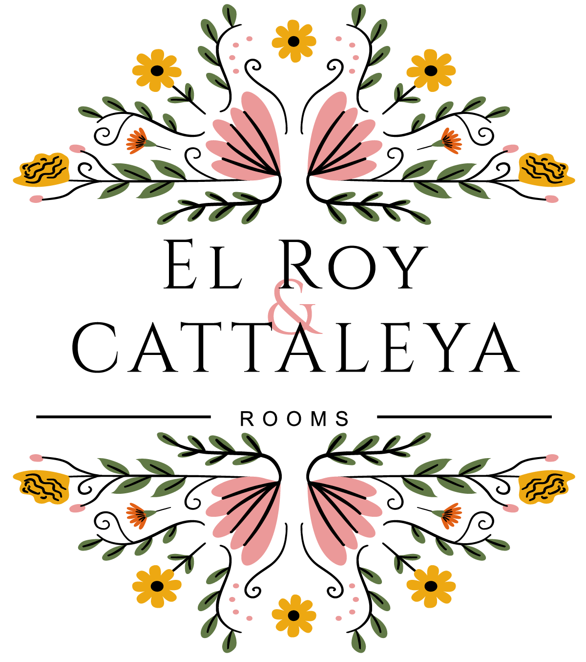 Logo El Roy Garden Rooms con decoro floreale simmetrico in stile botanico